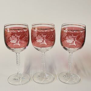 3 Bohemian Crystal Etched Wine Glasses Gold Trim Floral Pattern Pink Cranberry